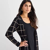 Studio 1 Womens Long Sleeve Windowpane Midi Faux-Jacket Sweater Dress