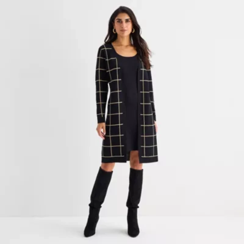 Studio 1 Womens Long Sleeve Windowpane Midi Faux-Jacket Sweater Dress