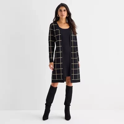 Studio 1 Womens Long Sleeve Windowpane Midi Faux-Jacket Sweater Dress