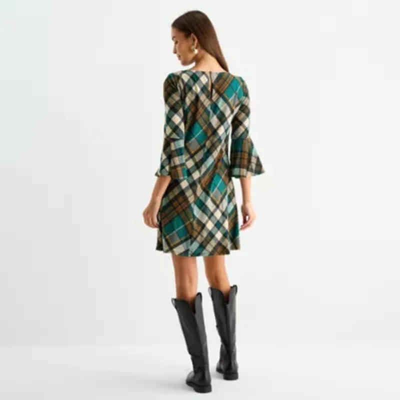 Jessica Howard Womens 3/4 Sleeve Plaid Shift Dress