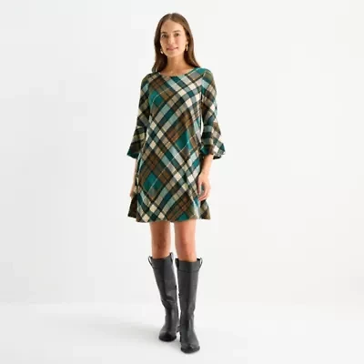 Jessica Howard Womens 3/4 Sleeve Plaid Shift Dress