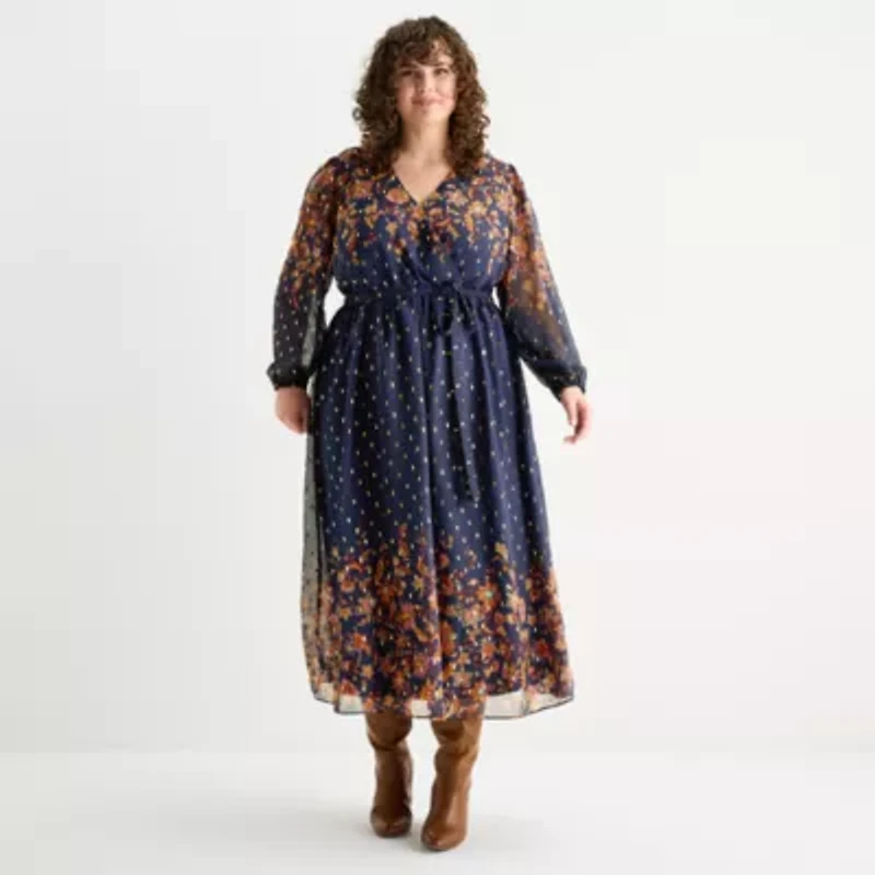 MSK Womens Long Sleeve Floral Plus Maxi Dress