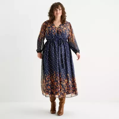 MSK Womens Long Sleeve Floral Plus Maxi Dress