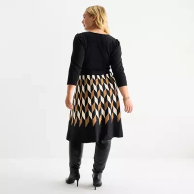 Danny & Nicole Womens 3/4 Sleeve Belted Geometric Sweater Dress Plus