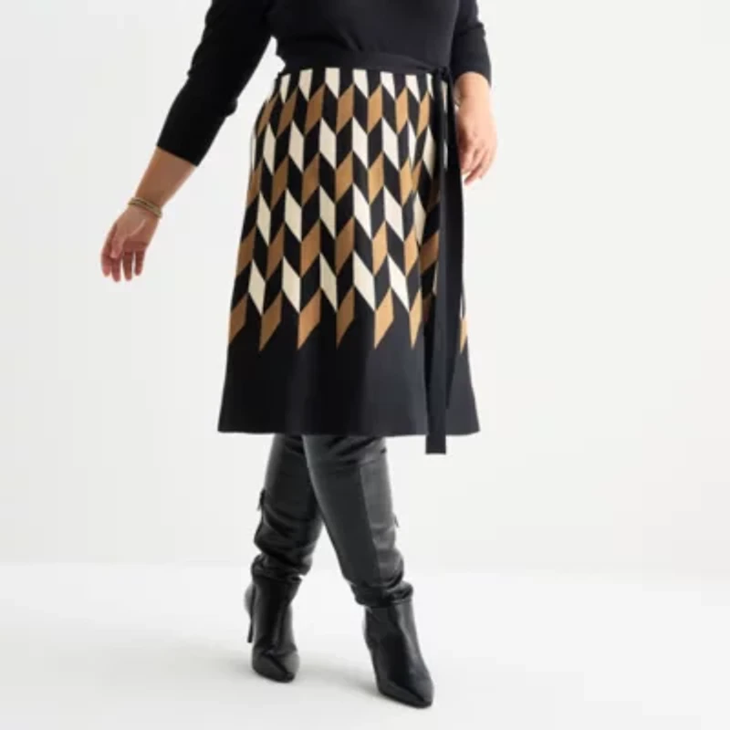 Danny & Nicole Womens 3/4 Sleeve Belted Geometric Sweater Dress Plus