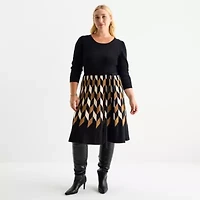 Danny & Nicole Womens 3/4 Sleeve Belted Geometric Sweater Dress Plus