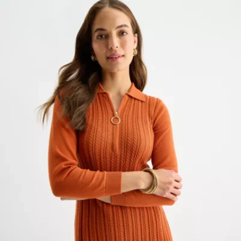 Robbie Bee Womens Petite Long Sleeve Rib Knit Sweater Dress