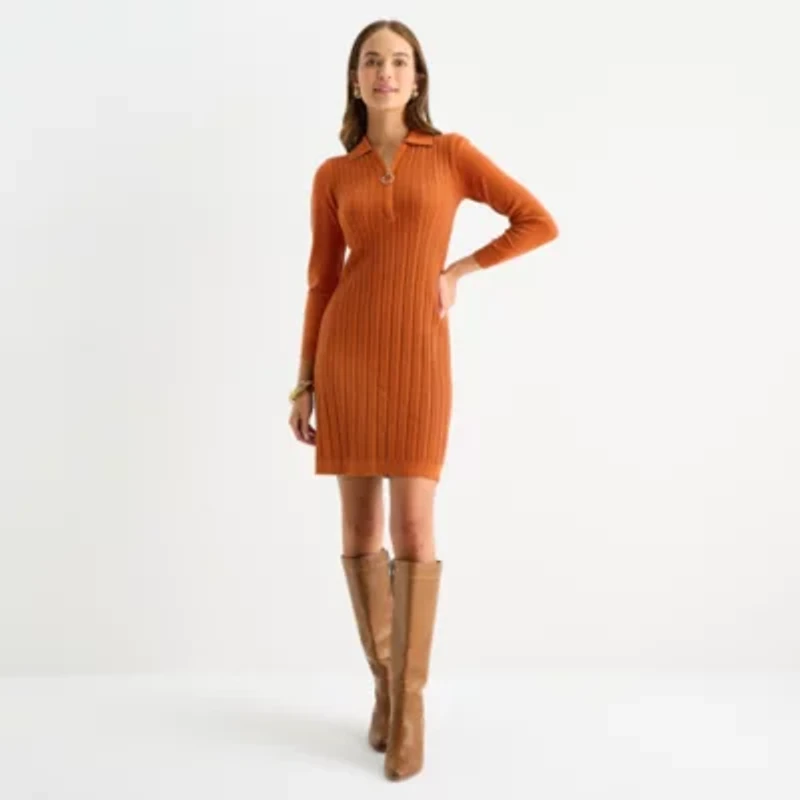 Robbie Bee Womens Petite Long Sleeve Rib Knit Sweater Dress