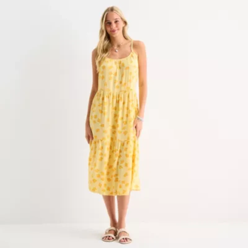 Hurley Womens Sleeveless Floral Midi Juniors Fit + Flare Dress