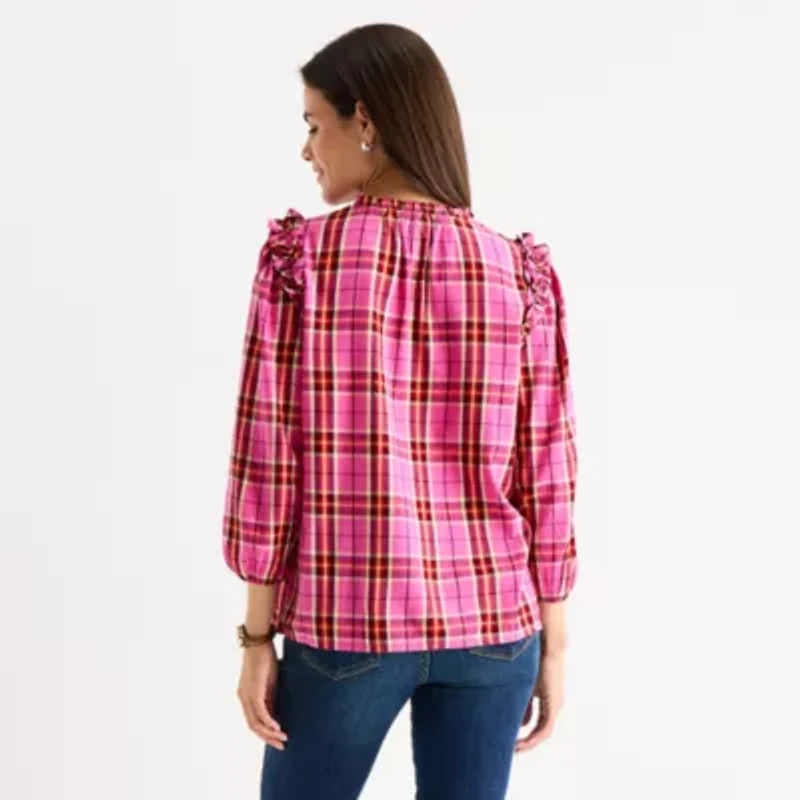 St. John's Bay Womens Split Tie Neck 3/4 Sleeve Blouse
