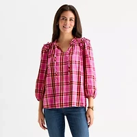 St. John's Bay Womens Split Tie Neck 3/4 Sleeve Blouse