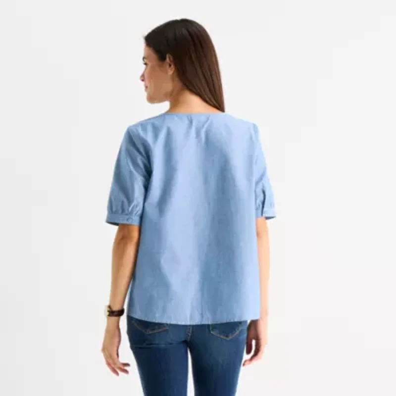 St. John's Bay Womens Split Tie Neck Elbow Sleeve Blouse