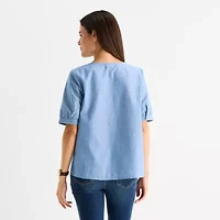 St. John's Bay Womens Split Tie Neck Elbow Sleeve Blouse
