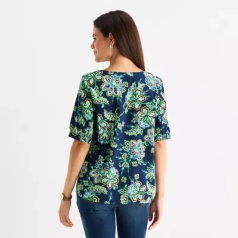 St. John's Bay Womens Split Tie Neck Elbow Sleeve Blouse