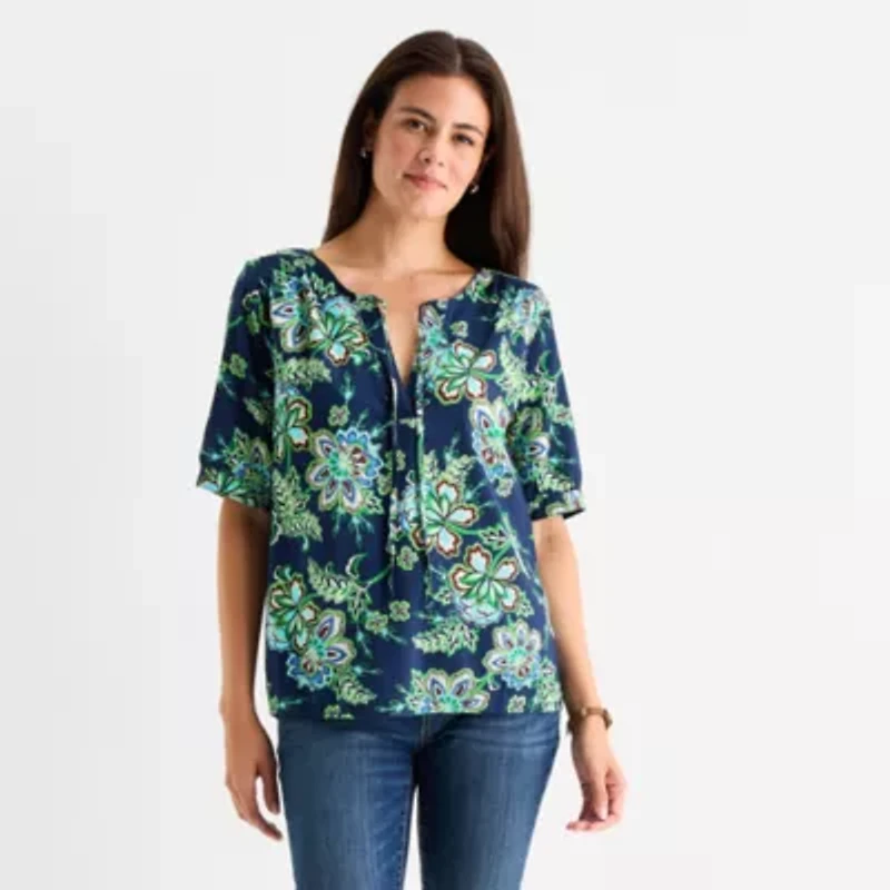 St. John's Bay Womens Split Tie Neck Elbow Sleeve Blouse