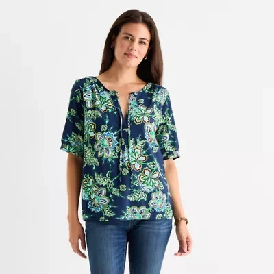 St. John's Bay Womens Split Tie Neck Elbow Sleeve Blouse