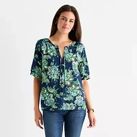 St. John's Bay Womens Split Tie Neck Elbow Sleeve Blouse