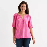 St. John's Bay Womens Split Tie Neck Elbow Sleeve Blouse