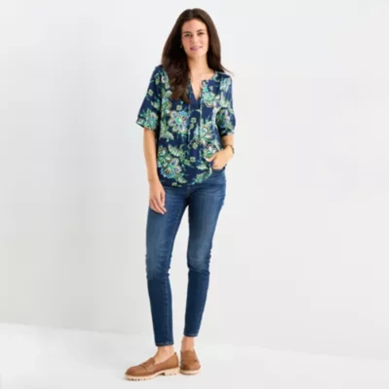 St. John's Bay Womens Split Tie Neck Elbow Sleeve Blouse