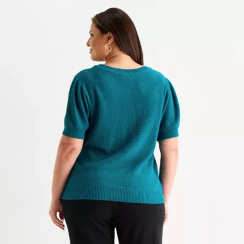 Liz Claiborne Plus Womens Crew Neck Short Sleeve Pullover Sweater