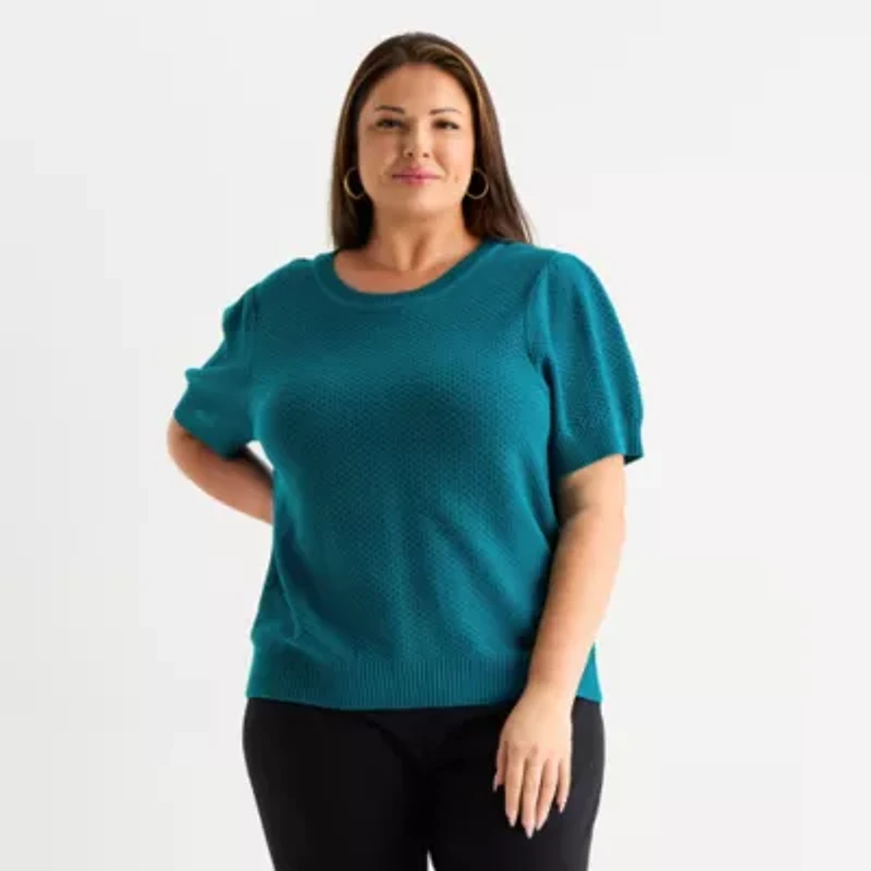 Liz Claiborne Plus Womens Crew Neck Short Sleeve Pullover Sweater