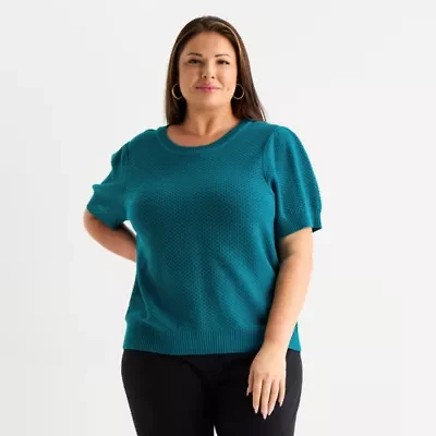 Liz Claiborne Plus Womens Crew Neck Short Sleeve Pullover Sweater