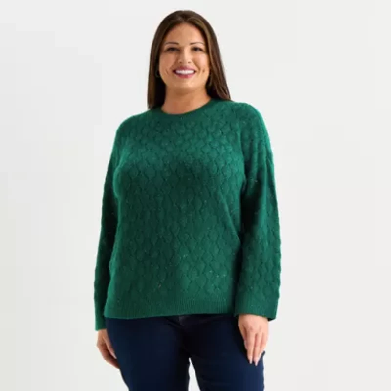 Liz Claiborne Plus Womens Crew Neck 3/4 Sleeve Pullover Sweater