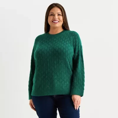 Liz Claiborne Plus Womens Crew Neck 3/4 Sleeve Pullover Sweater