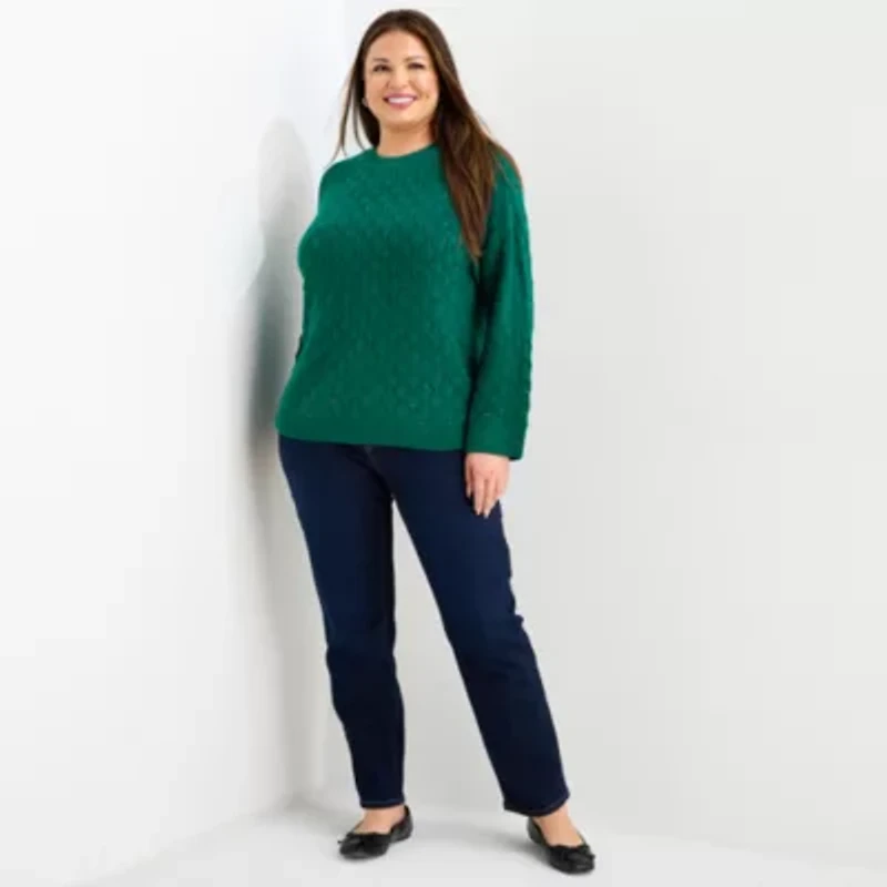 Liz Claiborne Plus Womens Crew Neck 3/4 Sleeve Pullover Sweater