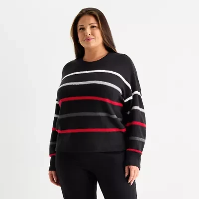 Liz Claiborne Plus Womens Crew Neck Long Sleeve Striped Pullover Sweater