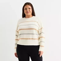 Liz Claiborne Plus Womens Crew Neck Long Sleeve Striped Pullover Sweater