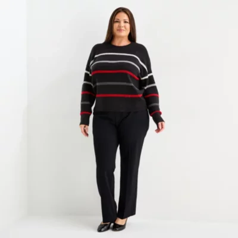 Liz Claiborne Plus Womens Crew Neck Long Sleeve Striped Pullover Sweater