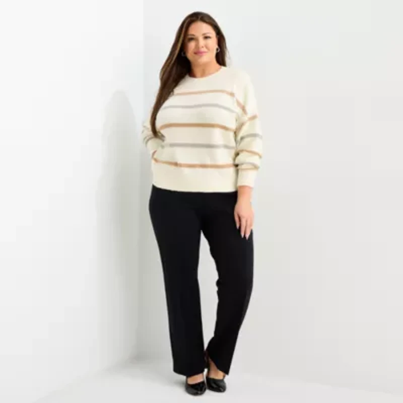 Liz Claiborne Plus Womens Crew Neck Long Sleeve Striped Pullover Sweater