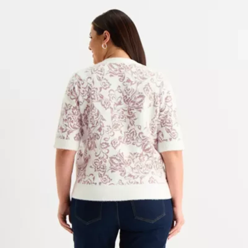 Liz Claiborne Plus Womens Crew Neck Short Sleeve Floral Pullover Sweater