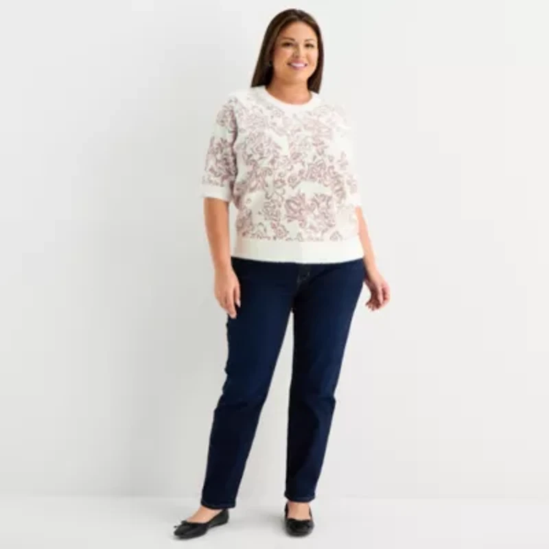 Liz Claiborne Plus Womens Crew Neck Short Sleeve Floral Pullover Sweater