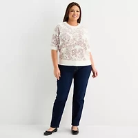 Liz Claiborne Plus Womens Crew Neck Short Sleeve Floral Pullover Sweater