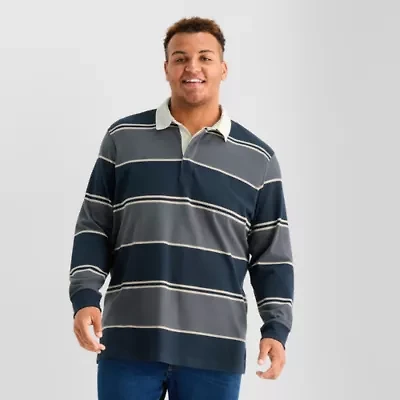Arizona Mens Long Sleeve Regular Fit Spread Collar Striped Big and Tall Rugby Shirt
