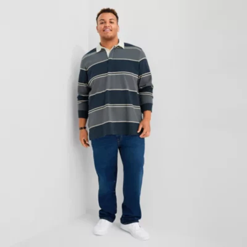 Arizona Mens Long Sleeve Regular Fit Spread Collar Striped Big and Tall Rugby Shirt