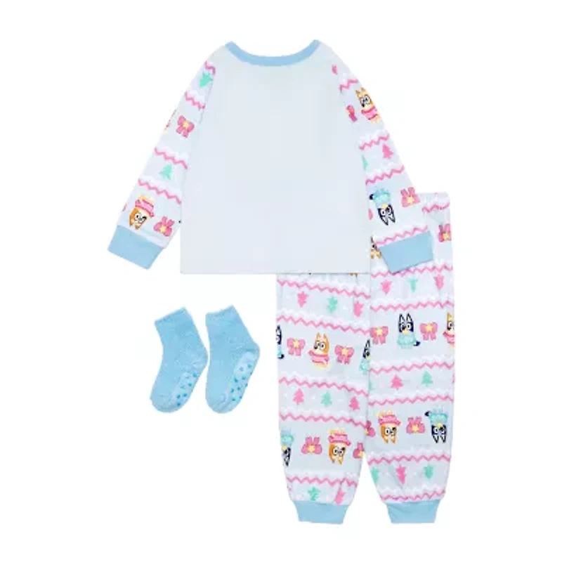 Toddler Girls Bluey Velour Crew Neck Long Sleeve 3-pc. Pajama Sets