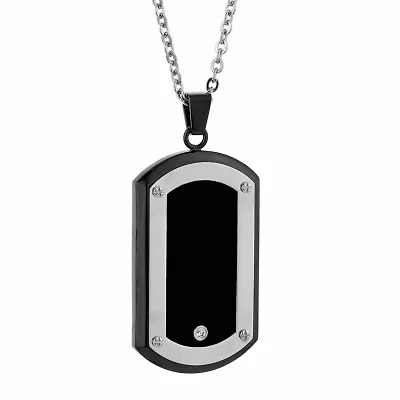 Mens White Cubic Zirconia Stainless Steel Dog Tag 22 Inch Pendant Necklace