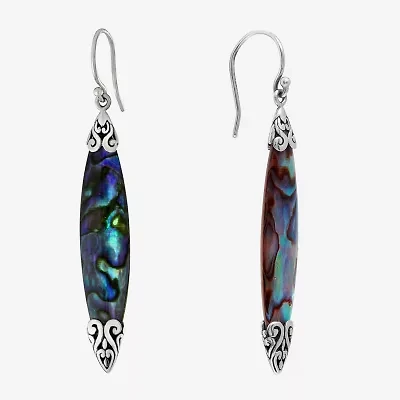 Bali Inspired Genuine Green Abalone and Mother of Pearl Sterling Silver Marquise Drop Earrings