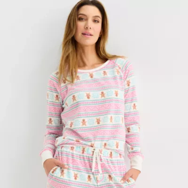 Sleep Chic Womens Fleece Crew Neck Long Sleeve 2-pc. Pajama Sets
