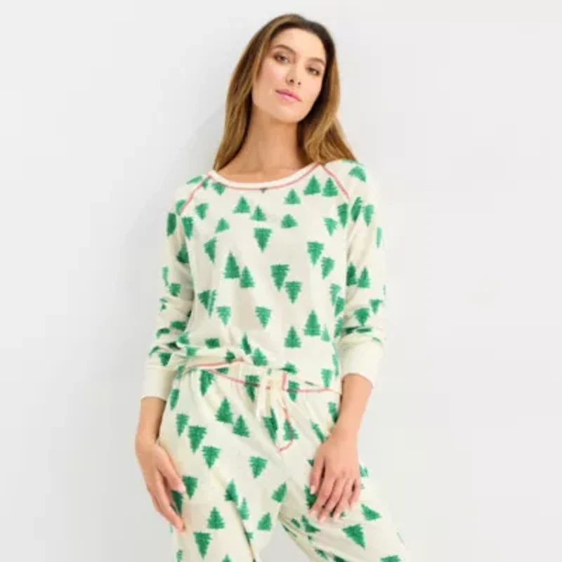 Sleep Chic Womens Fleece Crew Neck Long Sleeve 2-pc. Pajama Sets