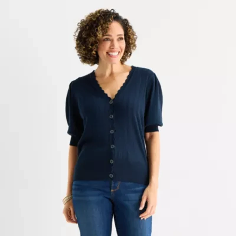 Liz Claiborne Womens V Neck Short Sleeve Button Cardigan