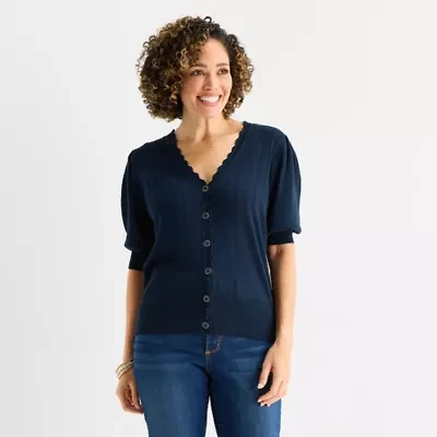 Liz Claiborne Womens V Neck Short Sleeve Button Cardigan