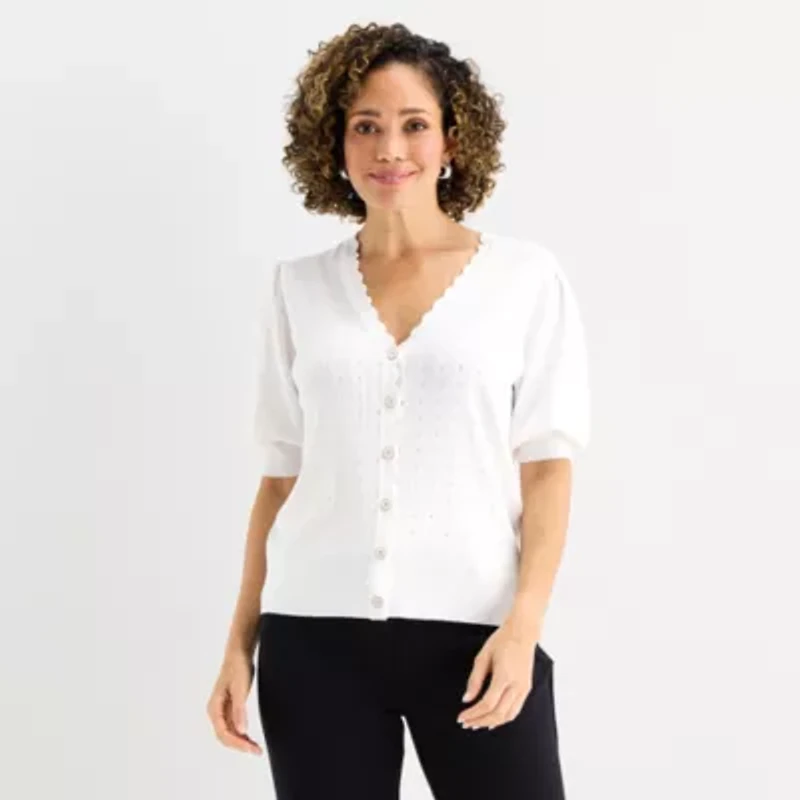 Liz Claiborne Womens V Neck Short Sleeve Button Cardigan