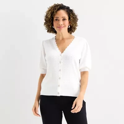 Liz Claiborne Womens V Neck Short Sleeve Button Cardigan