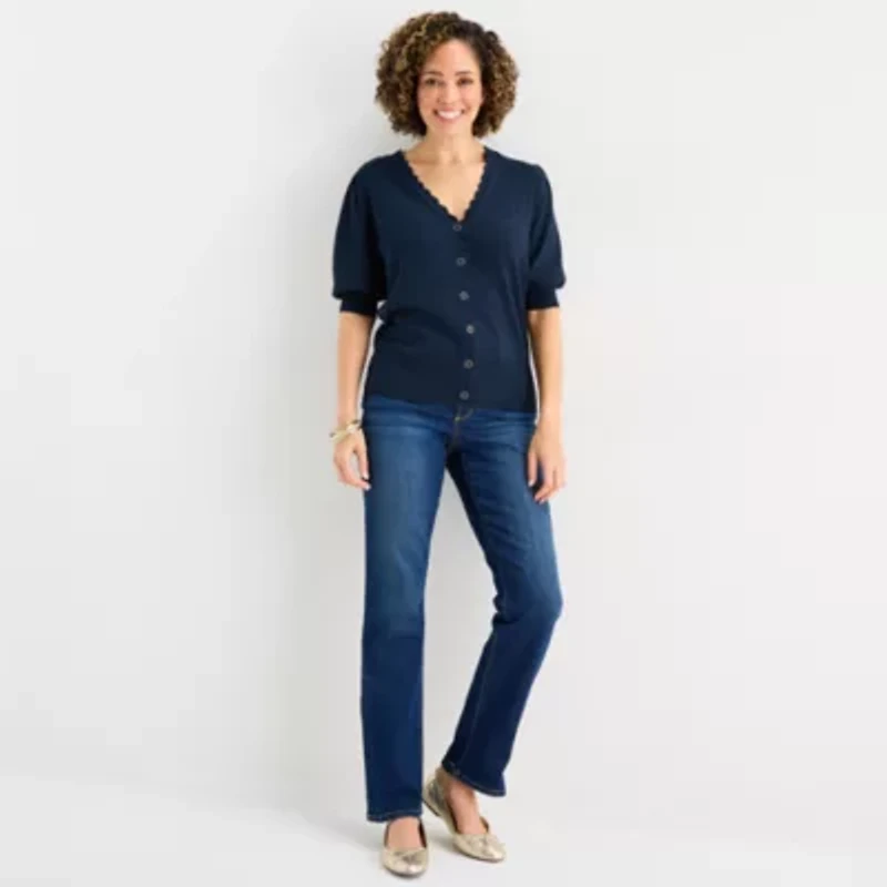 Liz Claiborne Womens V Neck Short Sleeve Button Cardigan