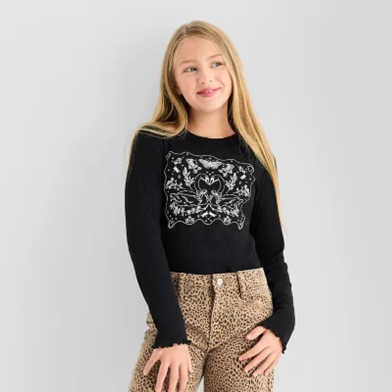 Thereabouts Little & Big Kid Girls Crew Neck Long Sleeve Regular Fit Graphic T-Shirt