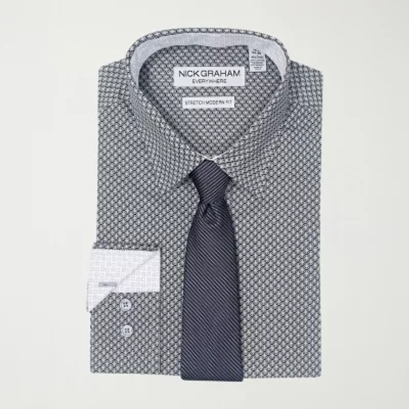 Nick Graham Mens Spread Collar Long Sleeve Shirt + Tie Set Fitted